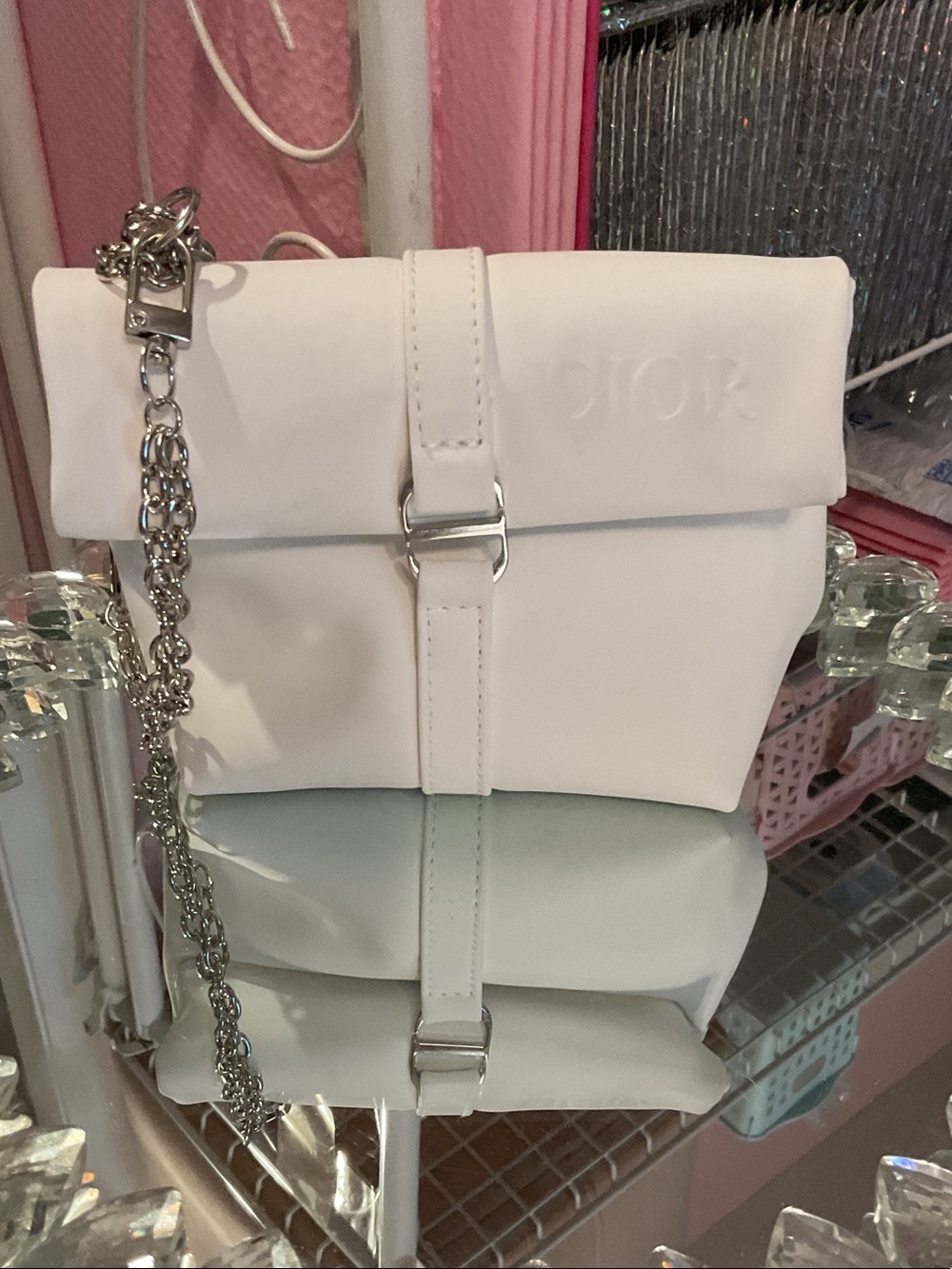 Dior White Pouch with Silver Chain